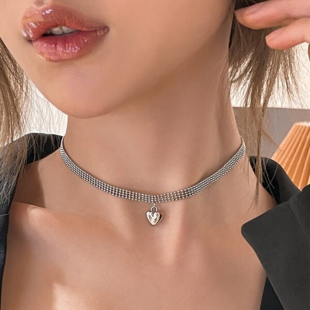 Silver Heart Pendant Mesh Choker | Sterling Silver